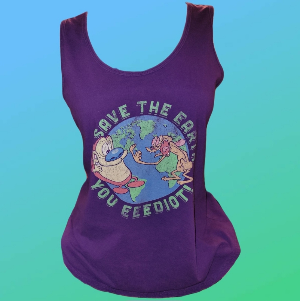 Nickelodeon Ren & Stimpy 90s Save the Earth You Eeediot Purple Tank Top Large